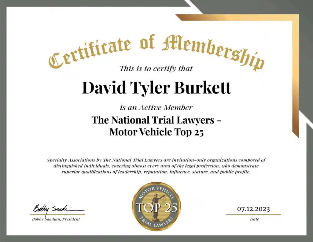 Certificate recognizing David Tyler Burkett as National Trial Lawyers