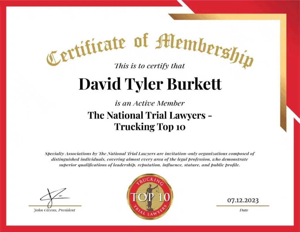 Certificate recognizing David Tyler Burkett as National Trial Lawyers